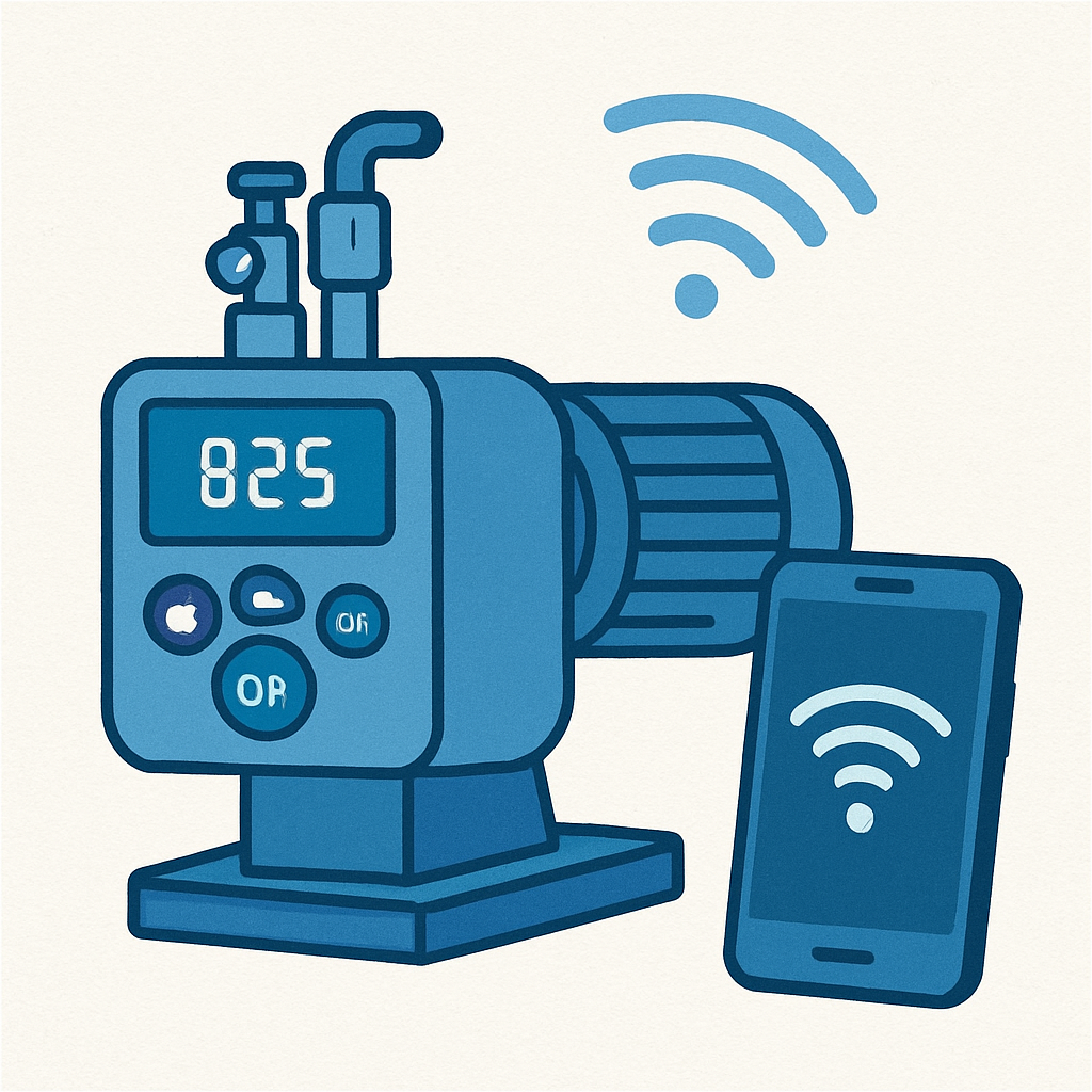 Smart dosing pump with digital display and WiFi connectivity icon illustrating IoT trends in the dosing pump market