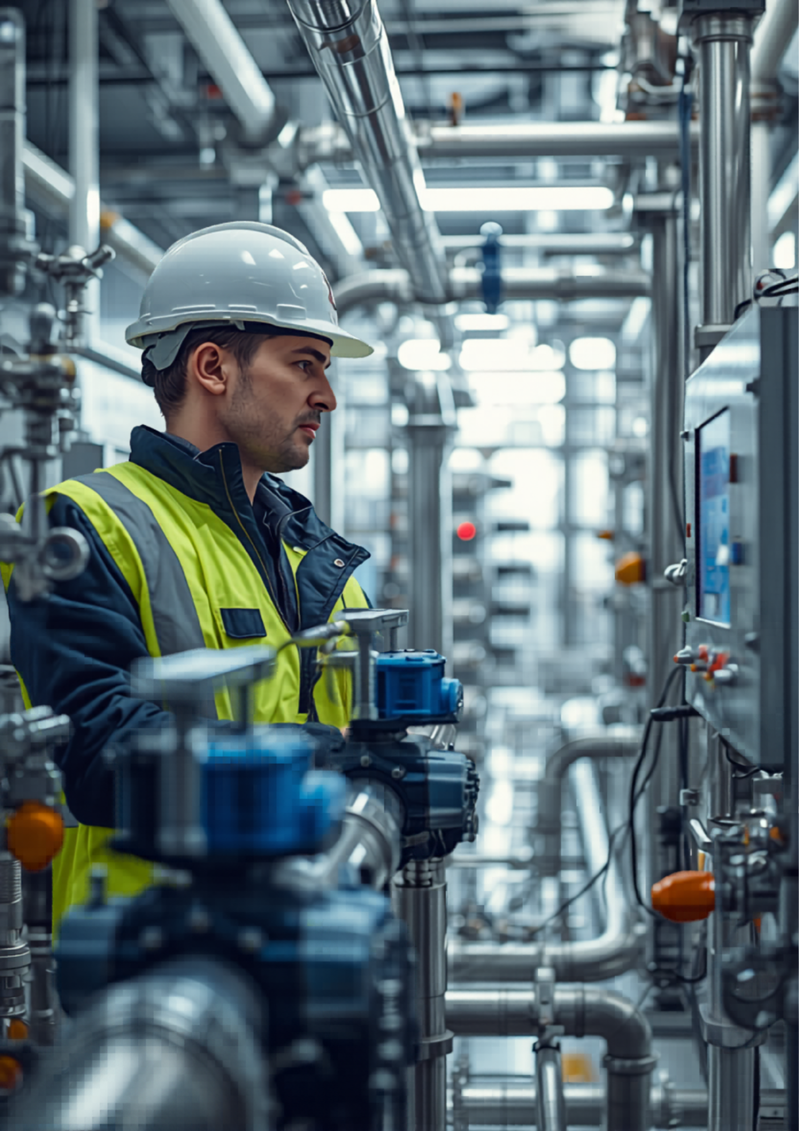 Engineer Adjusting Dosing Pump with Headline Space